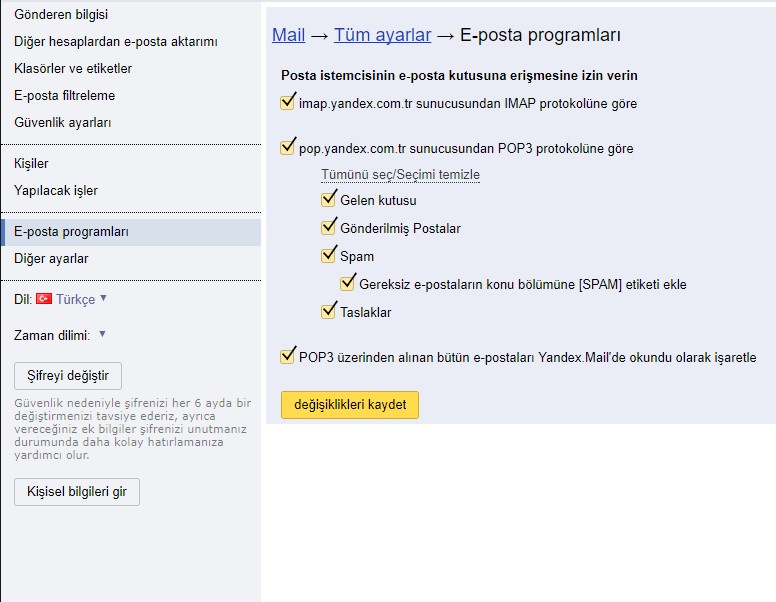 Yandex Outlook Ayarları