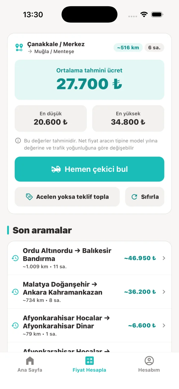 Enyakin.com uygulaması çekici fiyat hesaplama ekranı
