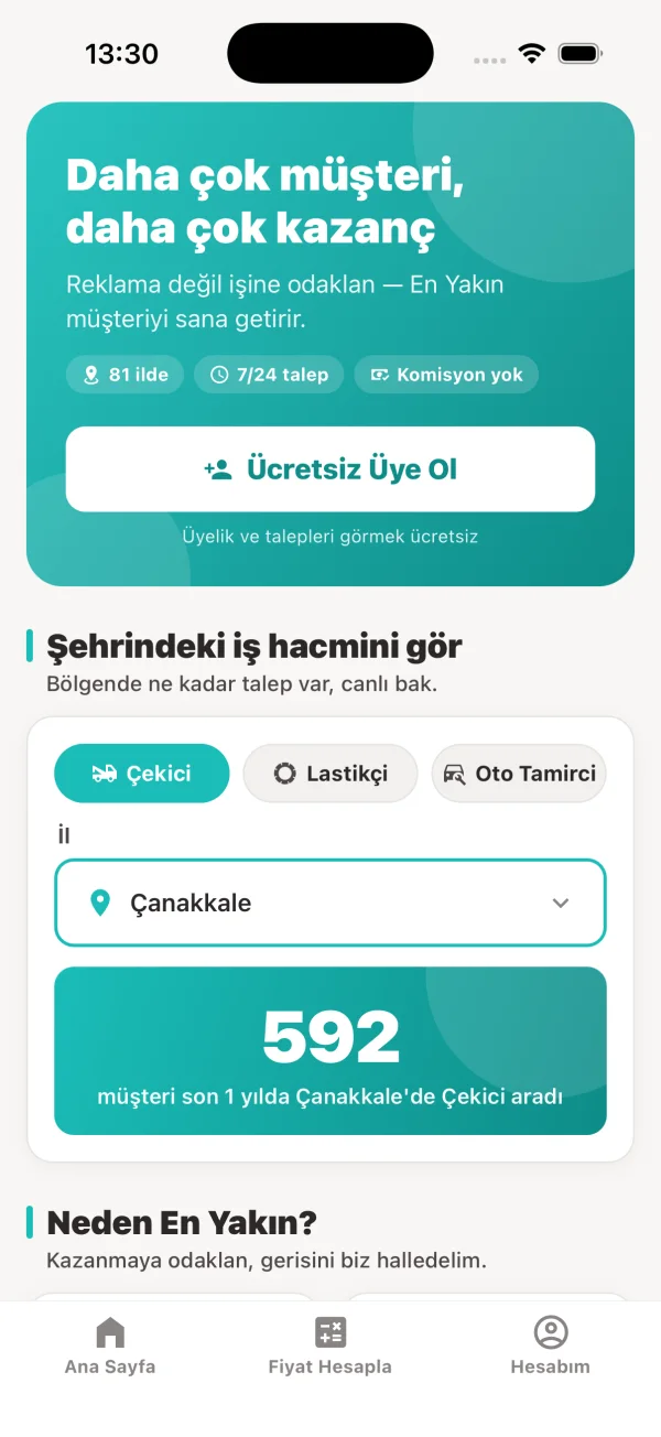 Enyakin.com uygulaması hizmet veren ekranı